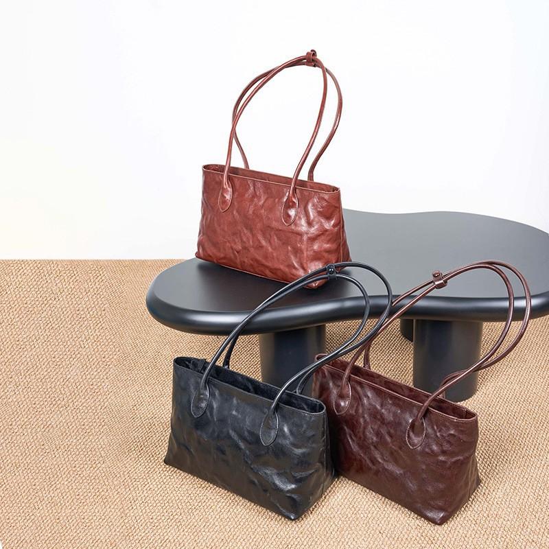 Women's Handbag Large Capacity Genuine Leather Tote Bag Retro Shoulder Tree Cream Vegetable Tanned Cowhide