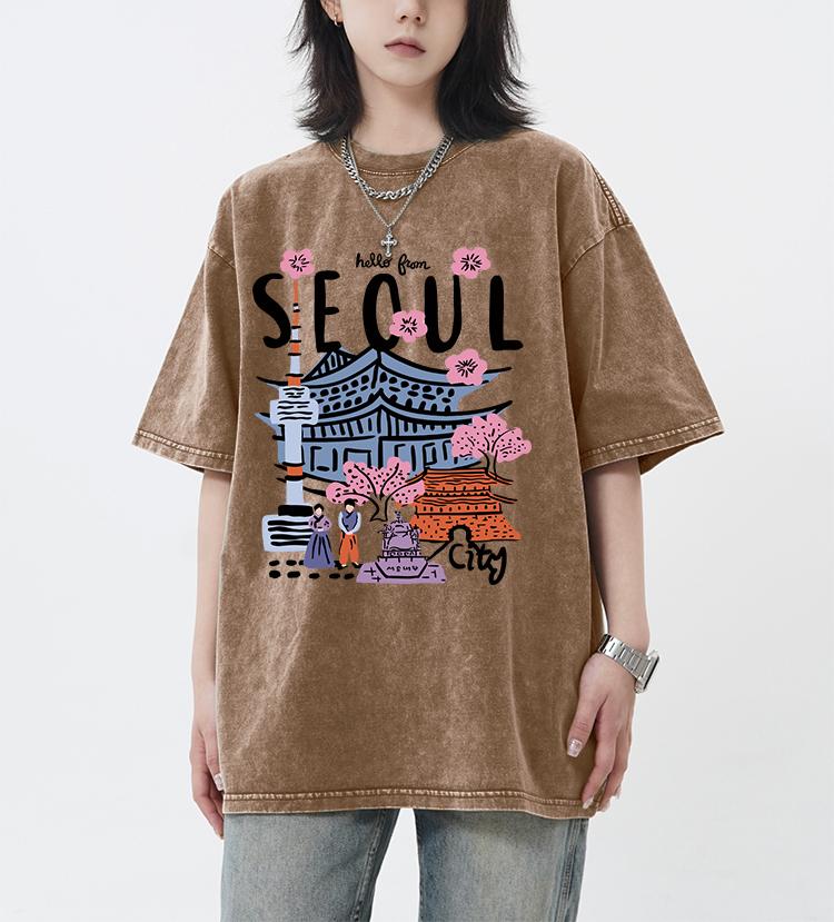 Seoul Schöne Landschaft Bedrucktes Gewaschenes T-Shirt Damen Atmungsaktiv Neue Baumwolle Cooles T-Shirt Sommer Snow Wash Kleidung Unisex