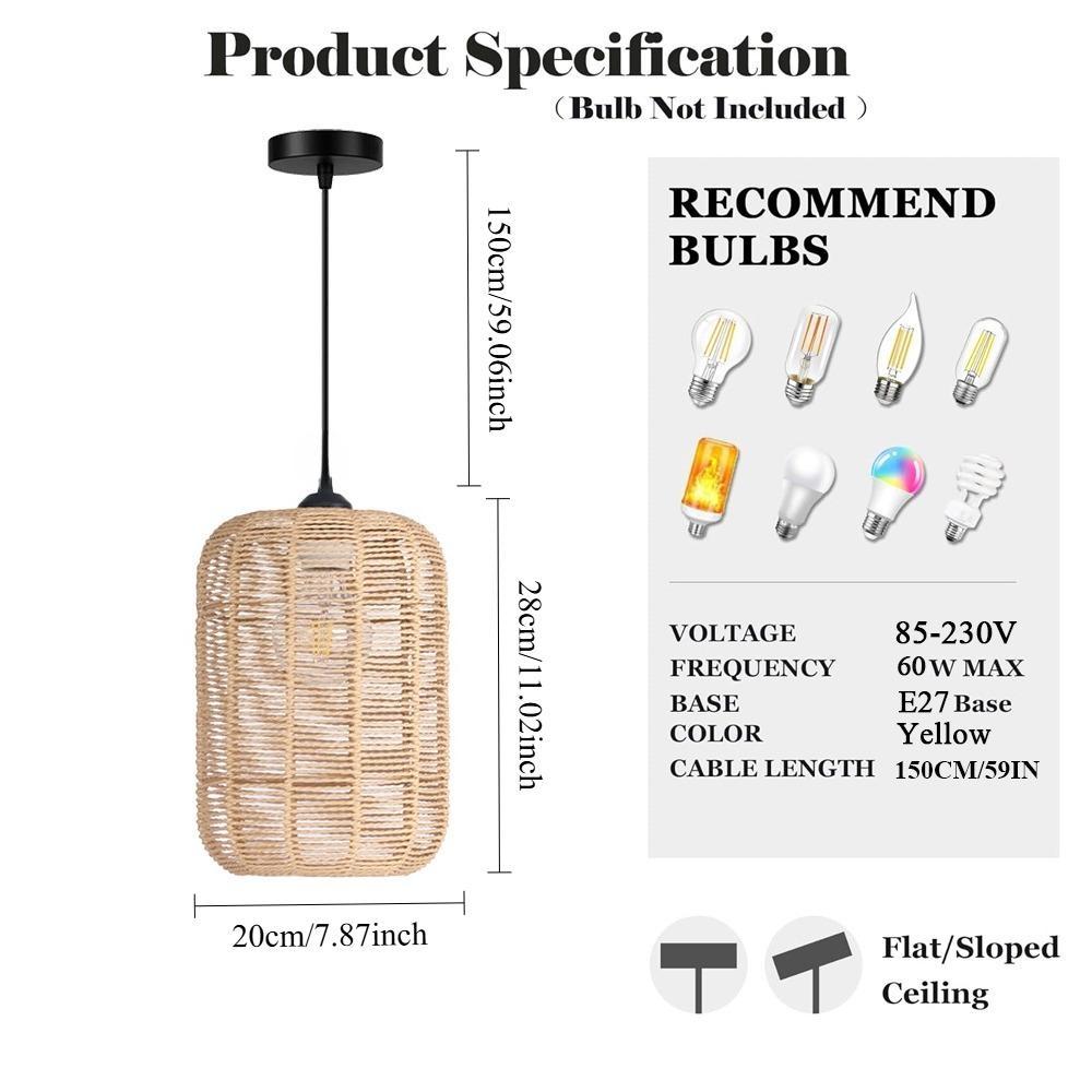 JOYINLED Boho Pendant Light Flush Mount Hanging Light Rattan Ceiling Woven Lamp Shade Basket for Kitchen Island Dinning Table