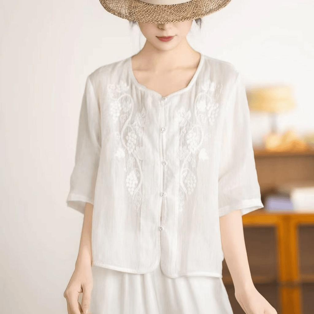 Summer New Five Quarter Sleeve Embroidered Women's Versatile Solid Color Shirt for Middle-aged