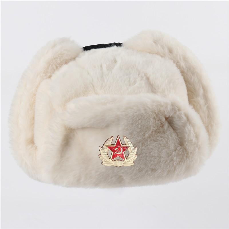 Warm Winter Military Style Earflap Hat Men Women With Embroidered Soviet Emblem Faux Fur Lined Outdoor Cap
