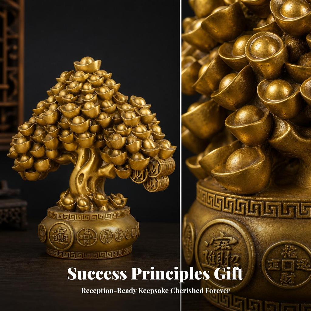 Golden Brass Tree Prosperity-Themed, Money Tree, Gold-Toned, Decor, for