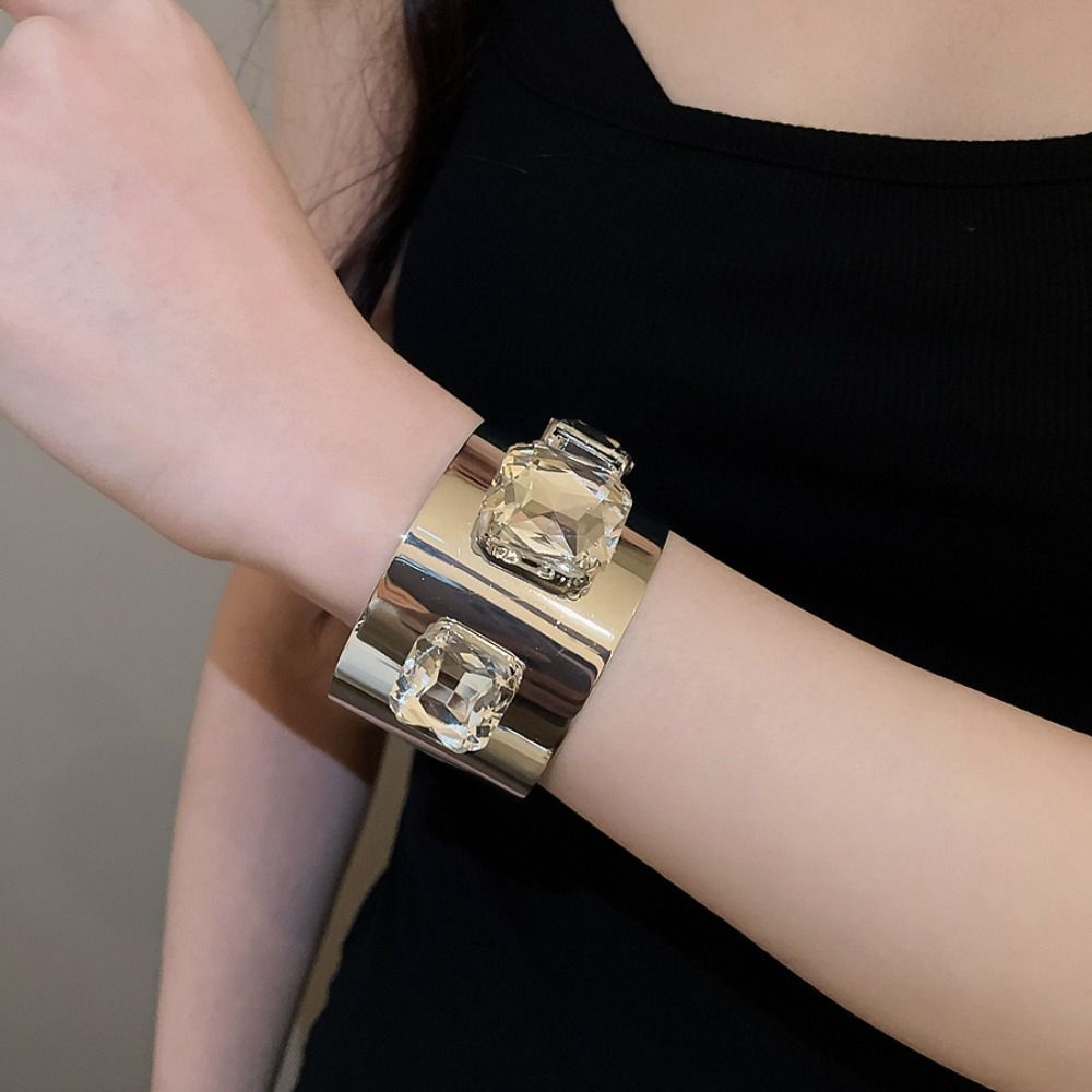 Rhinestone Wide Cuff Bracelet Glossy Metal Open Bangle New Statement Bracelet Daily Wear