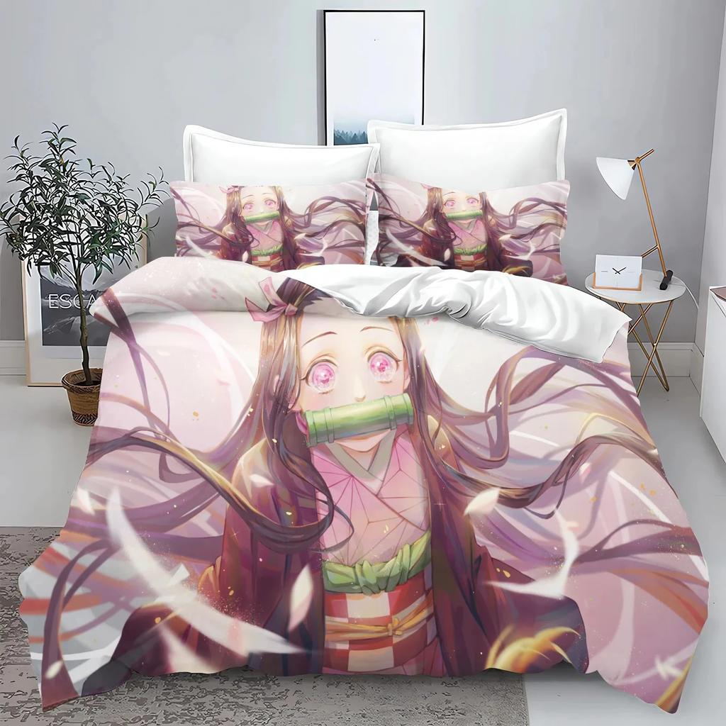 Demon Slayer Kimetsu no Yaiba kamado Nezuko Anime 100% Polyester Bettwäscheset Bettbezug-Set Gedruckte Cartoon Heimdekoration