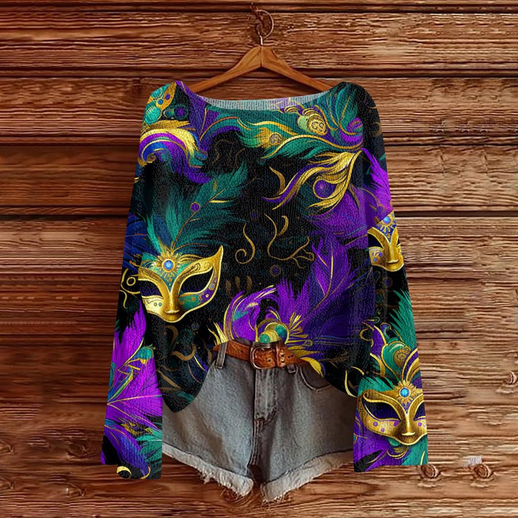 Women's Fashion Round Neck Long Sleeve Print Casual Pullover Sweater Top