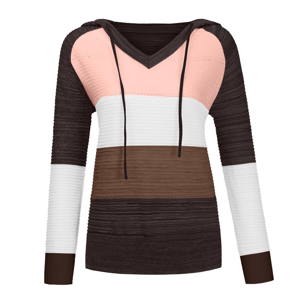 Fashion Women Casual Patchwork V-Neck Long Sleeves Hooded Sweater Blouse Tops