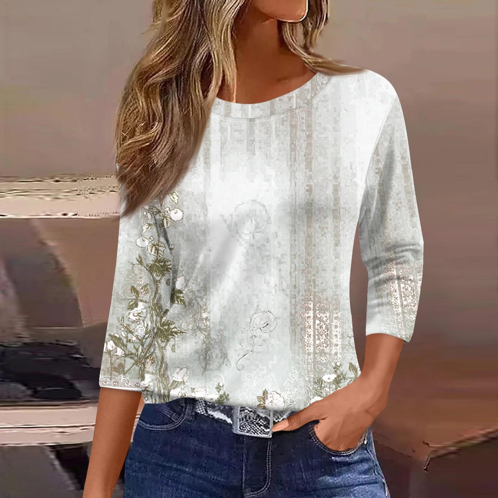 

3/4 Length Sleeve Womens Tops Floral Print Vintage Fashion Casual Loose With Round Neck Plus Size Shirts XL