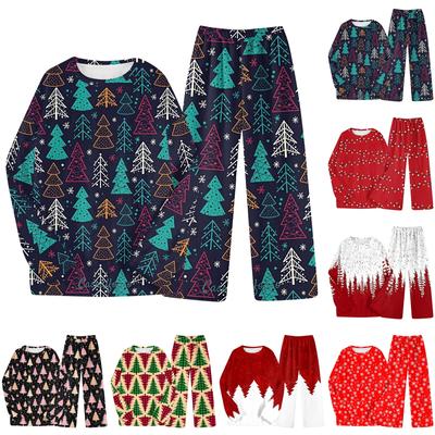 Adults Two Piece Set Christmas Printed Round Neck Long Sleeve Tops Elastic Band Trousers Pajama Set Leisure Suit