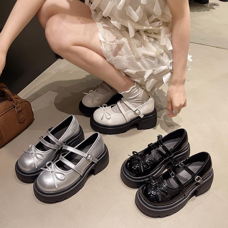 Classic Mary Jane Shoes for Women Basic Buckle Strap Square High Heels Round Toe Shoes Women Solid Butterfly Knot Women Pumps