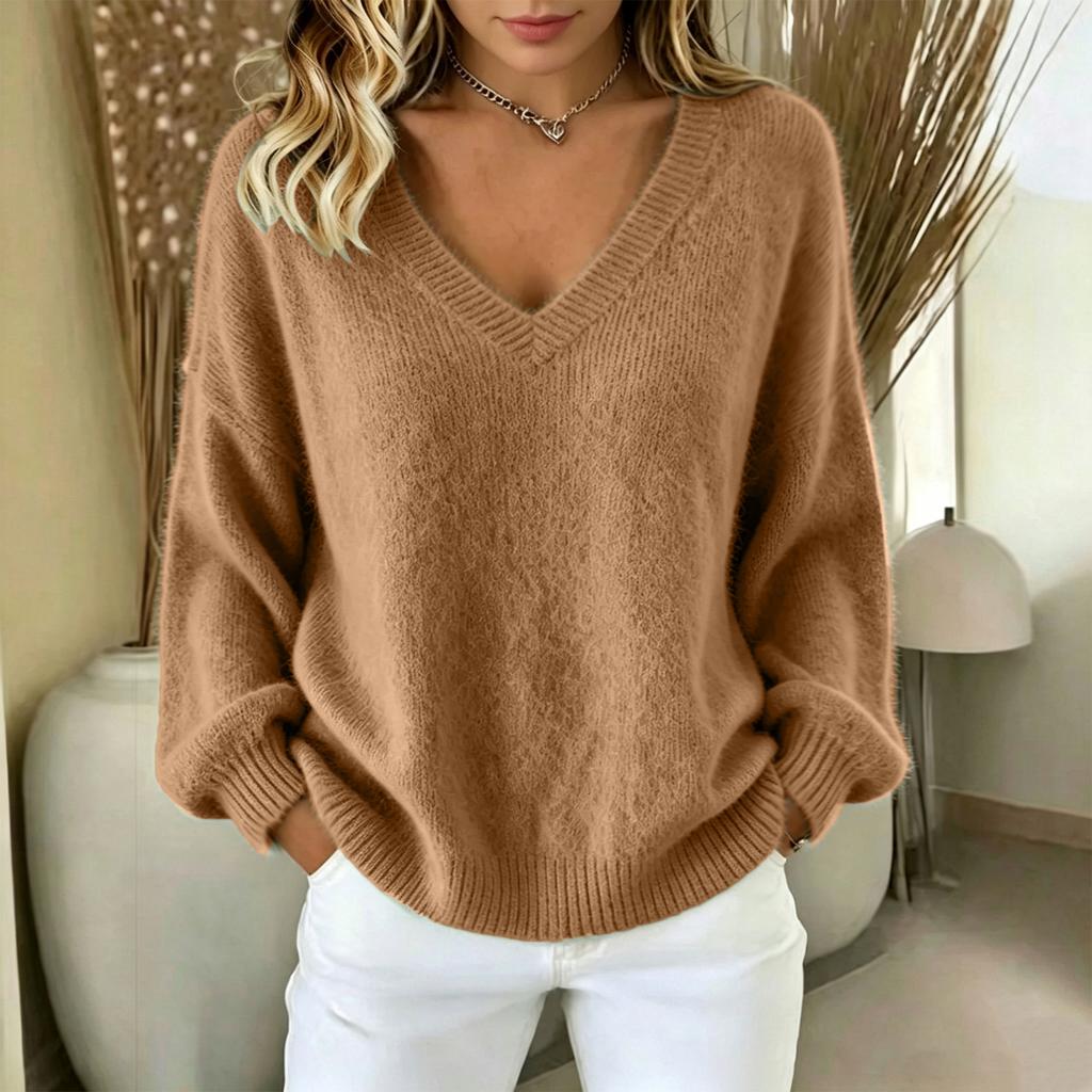 Women's Fashion Color Neck Long Sleeve Loose Fit Pullover Knit Sweater Top
