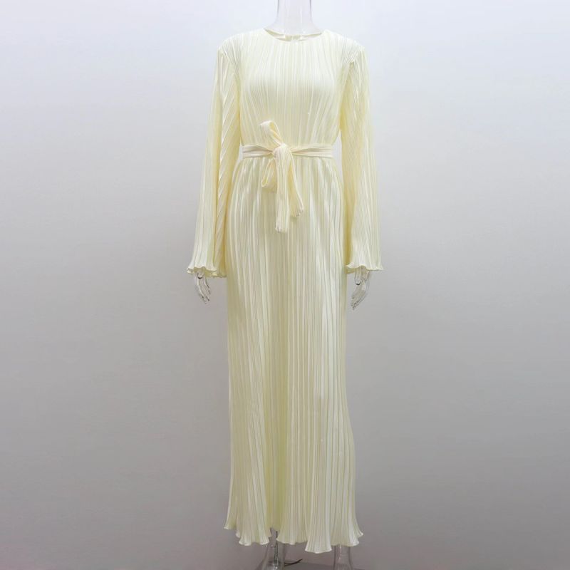 

Fashion Wind Fashion Pure Color round-Neck Flared Sleeves Pleated Dress Flare Sleeve Pleated Dress Apricot L