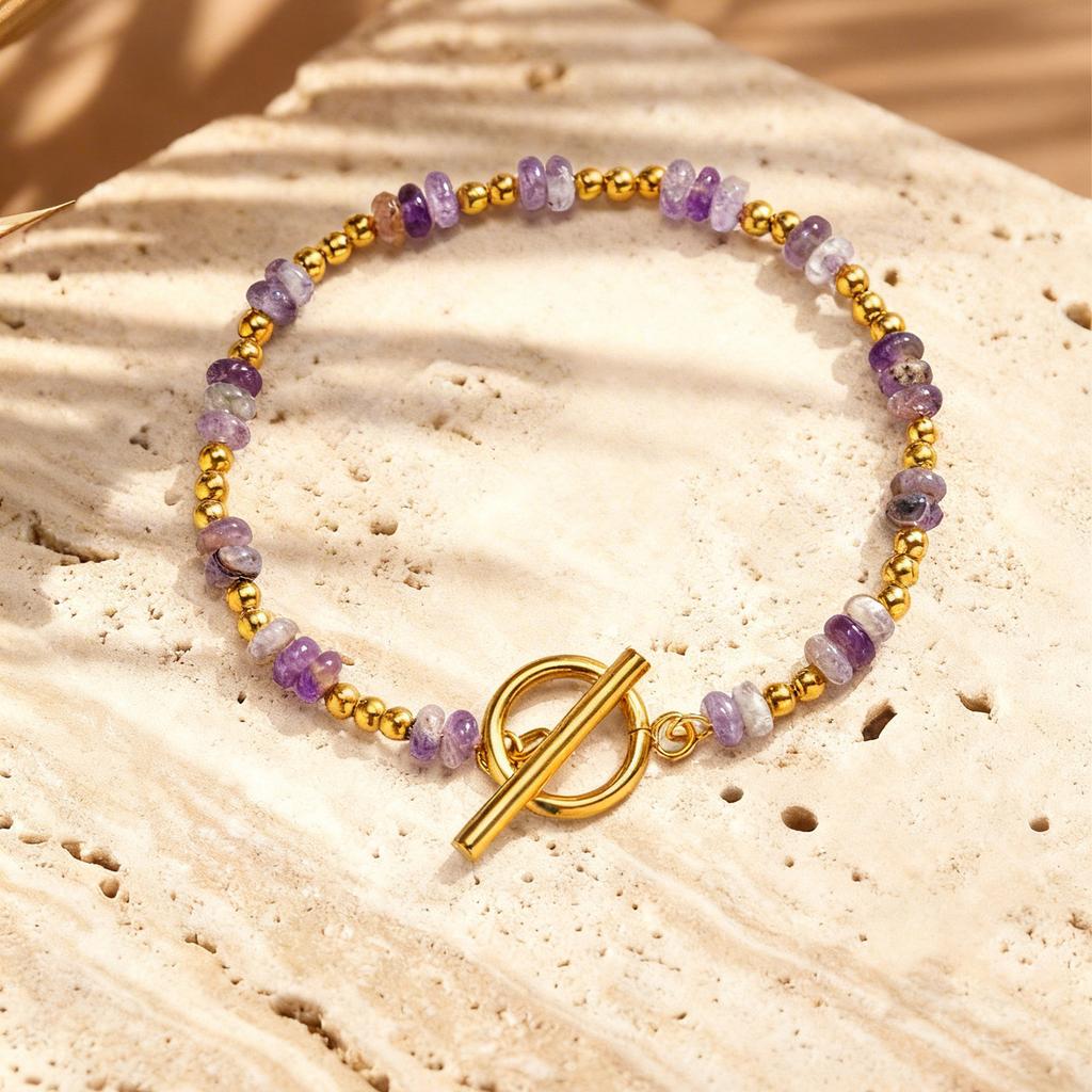 Vnox Natural Stone Small Spacer Beads OT Ring-clasps Chain Bracelet for Women, Amethysts Malachite Green Aventurine Bracelets