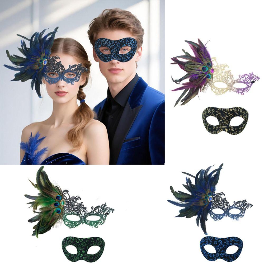 Gradient Color Feathered Couple Masks Lace Masquerade Mask Cosplay Festival Party