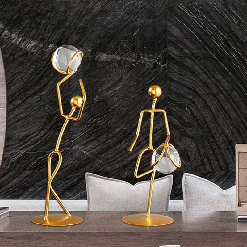 Athlete Crystal Ball Figurine Geometry Man Statue Metal Art Ornament Crafts for Home Children Room Office Tabletop