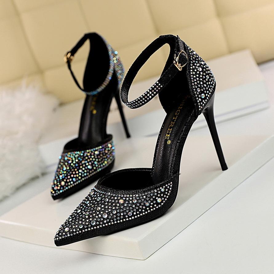 

Fashion Korean Version Shiny Rhinestones High Heels Shoes Women Pumps Stiletto Sweet Heels Hollow Wedding Sandals 10 Cm Nightclub 283-16 35(Foot22.5cm)