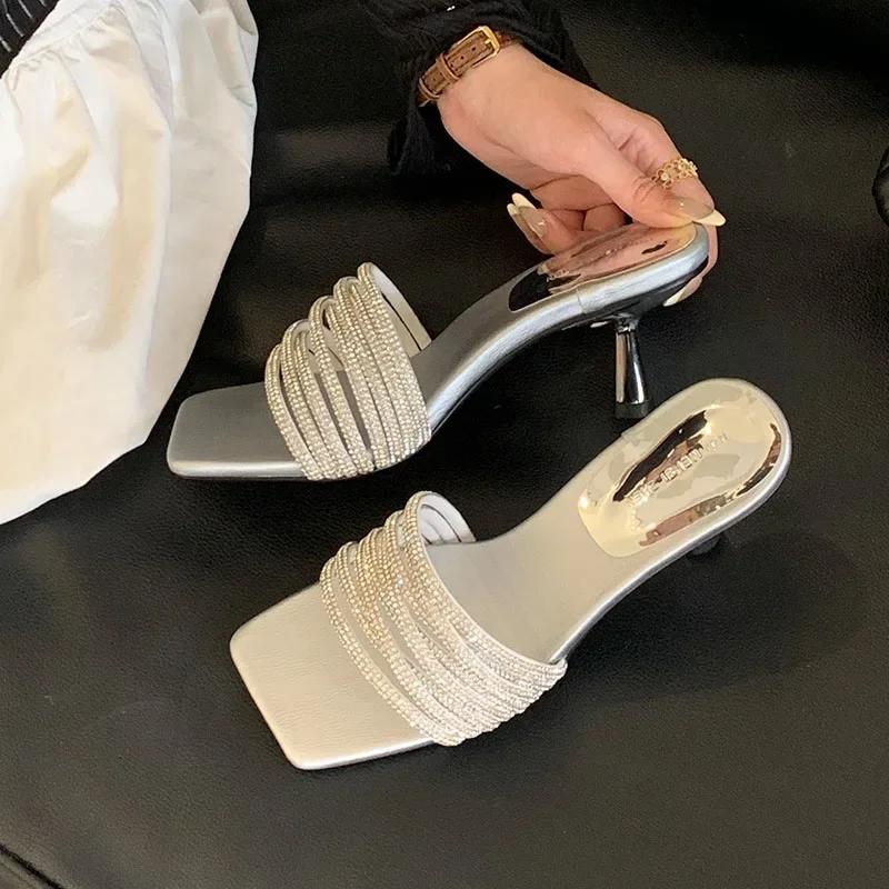 

Fashion Bling Bling Rhinestone Narrow Band High Heeled Sandals Women Luxury Brand Designer Shoes Fashion Elegant Wedding Bridal Shoes 35 серебряный