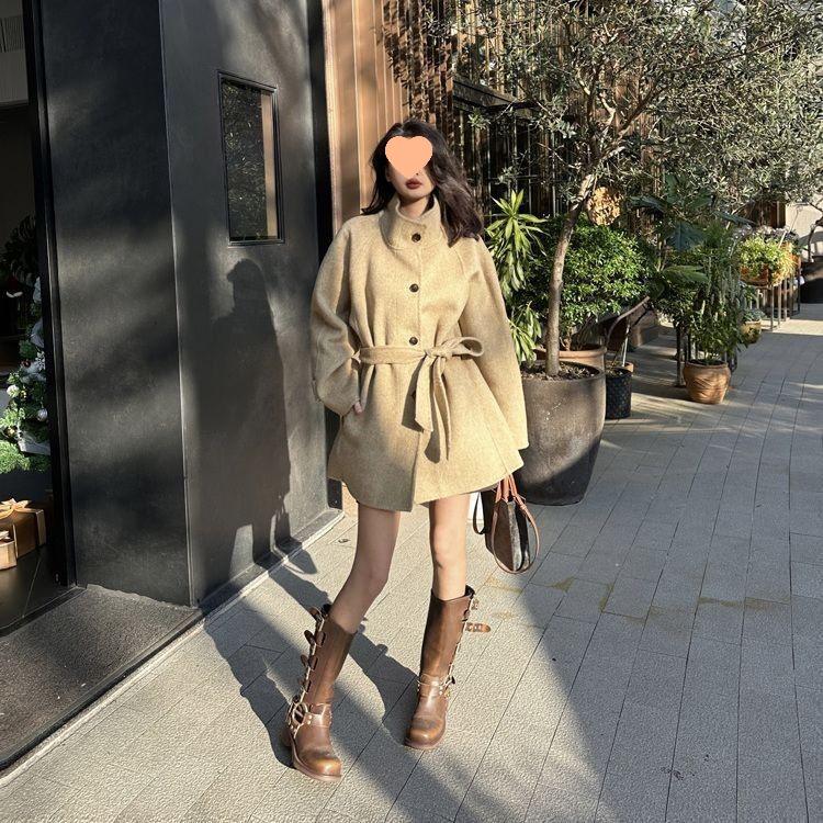 Koreaanse wollen jas voor dames - Herfst/winter, opstaande kraag, petite, losvallende bovenkleding