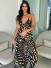 2026 Women Chic Vacation Outfits Fashion Zebra Print Sheer Chiffon Pants Set Casual V-neck Maxi Slip Tank Top & Wide-leg Pants