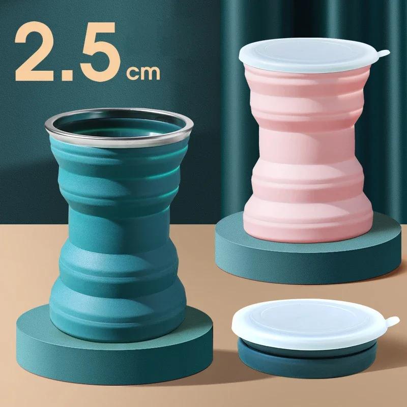 320ml Leicht zu tragen Silikon Faltbarer Wasserbecher Outdoor Aktivität Hitzebeständig Teleskopisch Zusammenklappbar Faltbare Tasse Mit Deckel Für Reise Camping