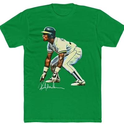 NEW Rickey Henderson Signed Short Sleeve Green All Size S- Tee Shirt  AC2604