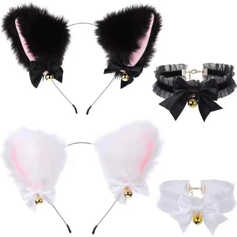 Cute Plush Cat Ear Headband Fashionable Cosplay Bow Bell Cat Ear Headband Lace Bell Necklace Set Women's Party Costume Headwear