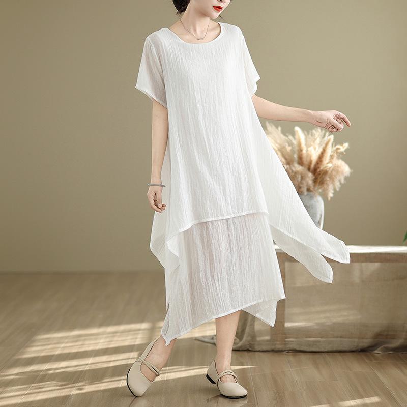 

Летнее новое литературное однотонное платье из хлопка и льна с короткими рукавами, большой юбкой-клеш и подъюбником в два слоя, доступно в больших размерах XL белый