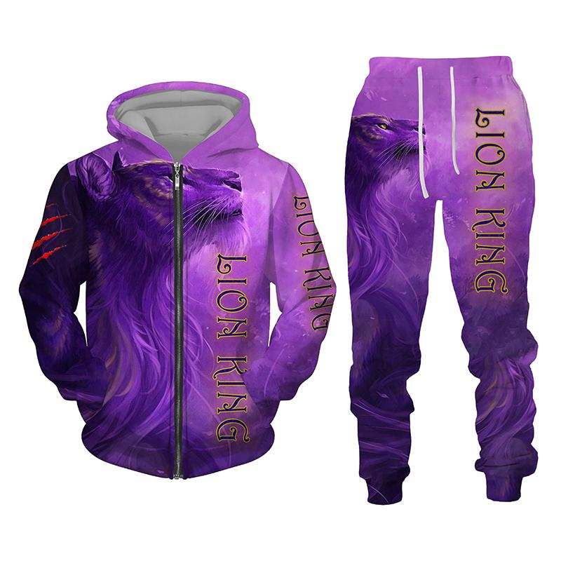 Ny The King Lion 3d Animals Print Glidelås Hettegenser Dress Herre og kvinner Sportsklær Todelt sett Høst Vinter Langermet Joggedress