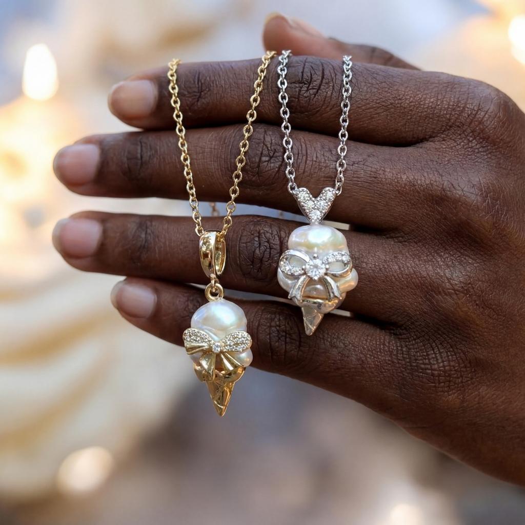 Ice Cream Shape Necklace Imitation Pearl Diamond Sparkling Collarbone Chain Temperament Simple Jewelry Women