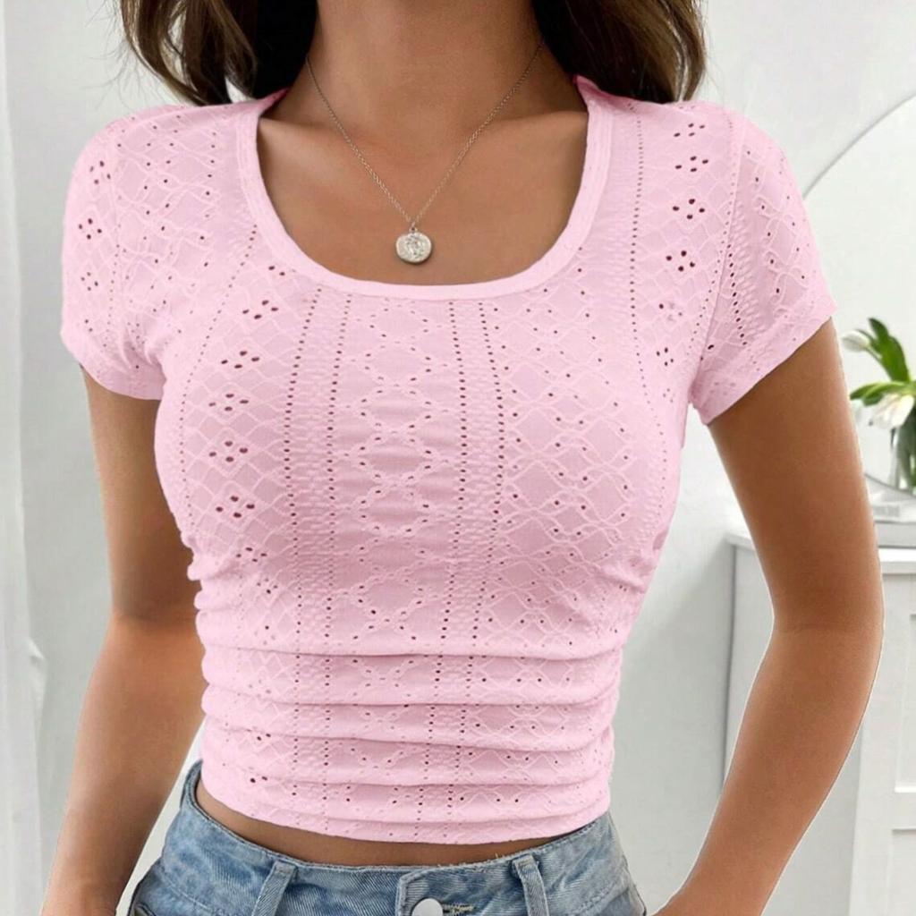 IHUASU Women's Summer Low O-Neck Eyelet Short Slim T-shirt