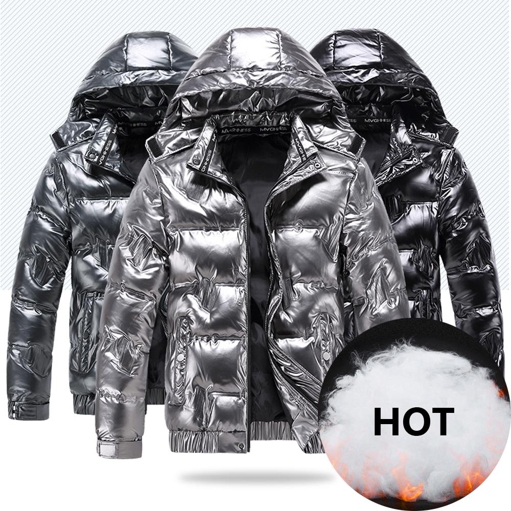 New Bright Leather Winter Men's Jacket Casual Parka Outwear Waterproof Puffer Padding Warm Stand With Hood Outwearing Coat