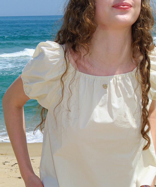 RONRON Shirring Ribbon 2 Way Puff Sleeve Half Blouse Cream