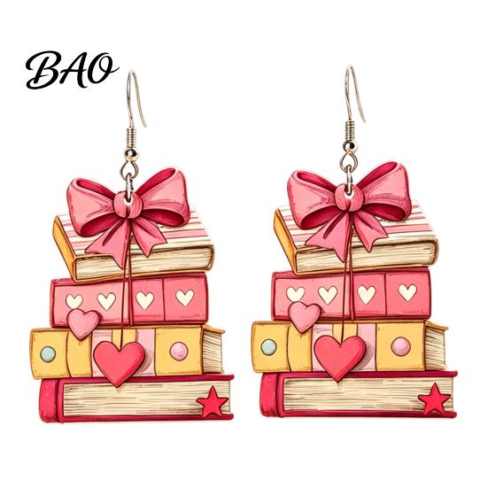 Chic School Season Accessories 1 Pair Acrylic Book Earrings for Women, Vintage Stacking with Pink Retro Theme Bow And Heart, Funny Dangle Jewelry,
