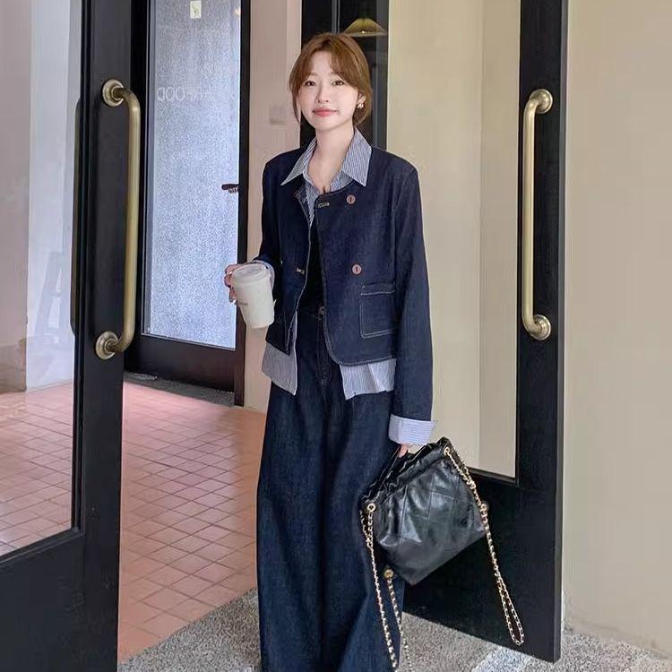 2025 New Women's Faux Two-Piece Denim Set: Petite Korean-Style Wide-Leg Pants for Early Autumn