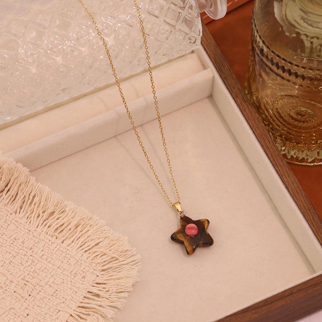 

1pc Natural Stone Star Pendant Necklace Amethyst Tiger Eye Crystal Trendy Retro Choker for Women Jewelry Gift