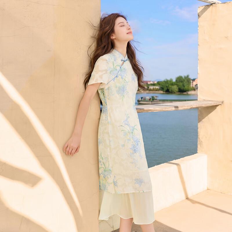 Sancai New Chinese Style Stand-Collar Slimming Floral Dress