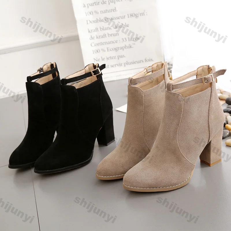Fashion Woman Suede High Heel Ankle Boots British Style Fashion Thick Heel Pointed Back Zipper Boots Women Square Heeled Short Booties