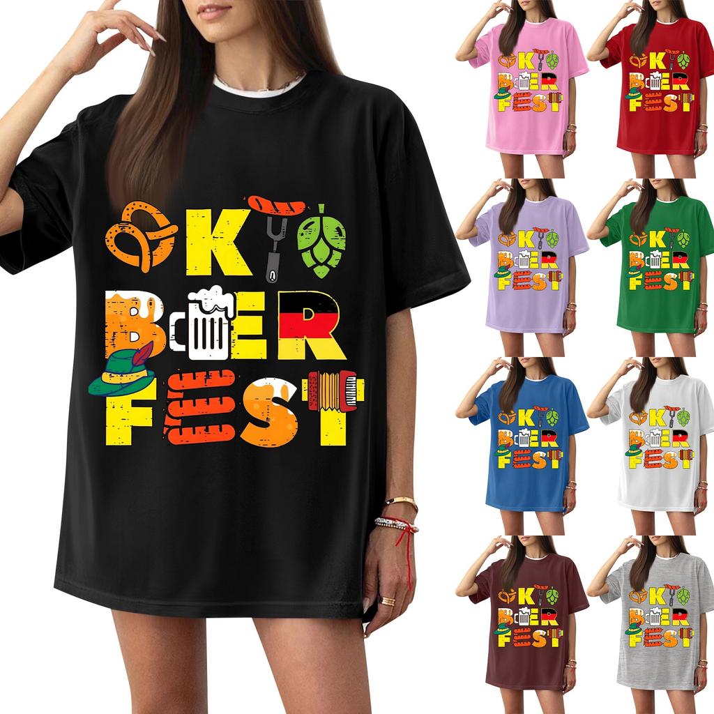 Women's Casual Short Sleeve T-Shirt Oktoberfest Letter Print Loose Fit Lightweight Summer Top Pullover Tee
