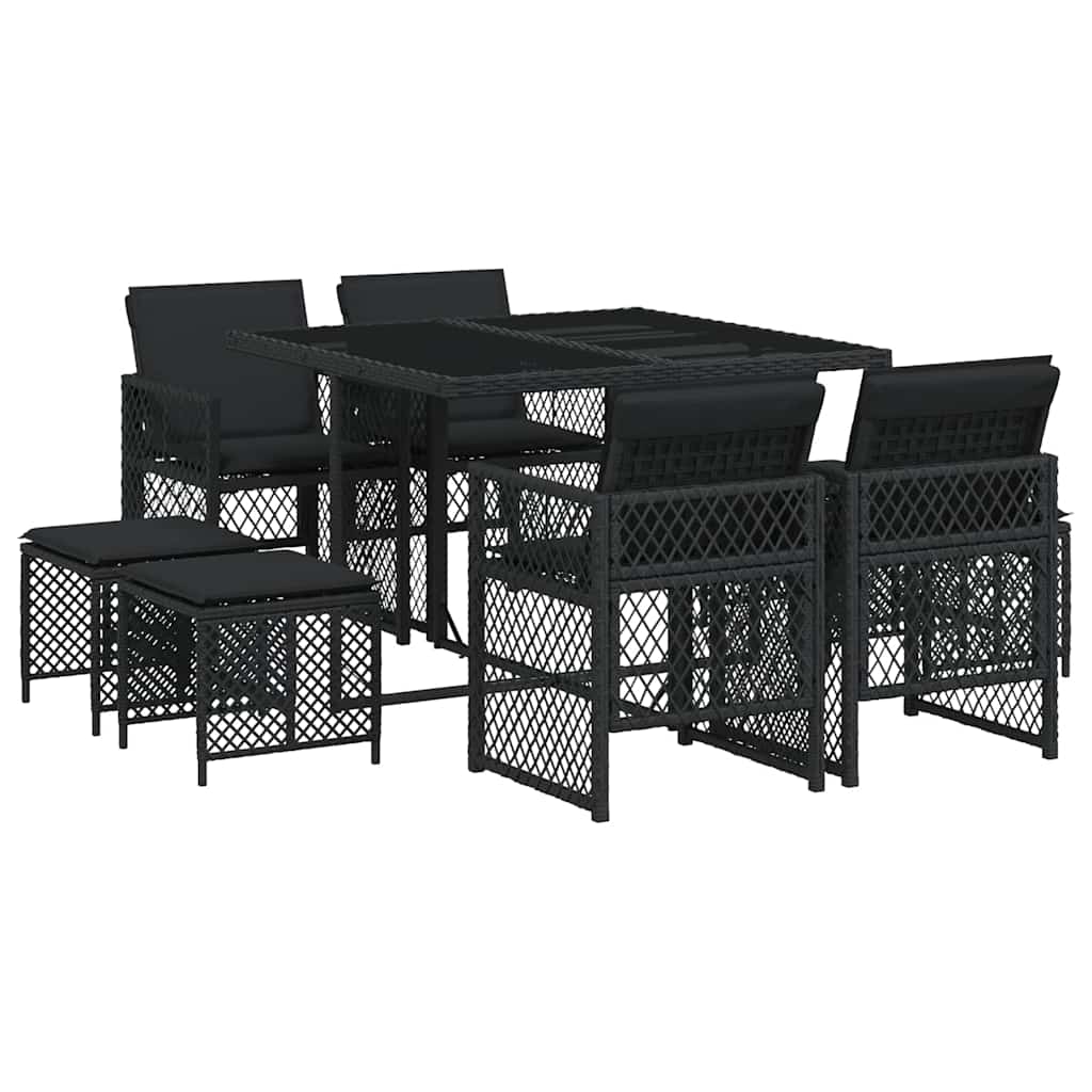 Vidaxl 9-Cz. Tuinmeubelset met Kussens, Zwart, PE Rotan