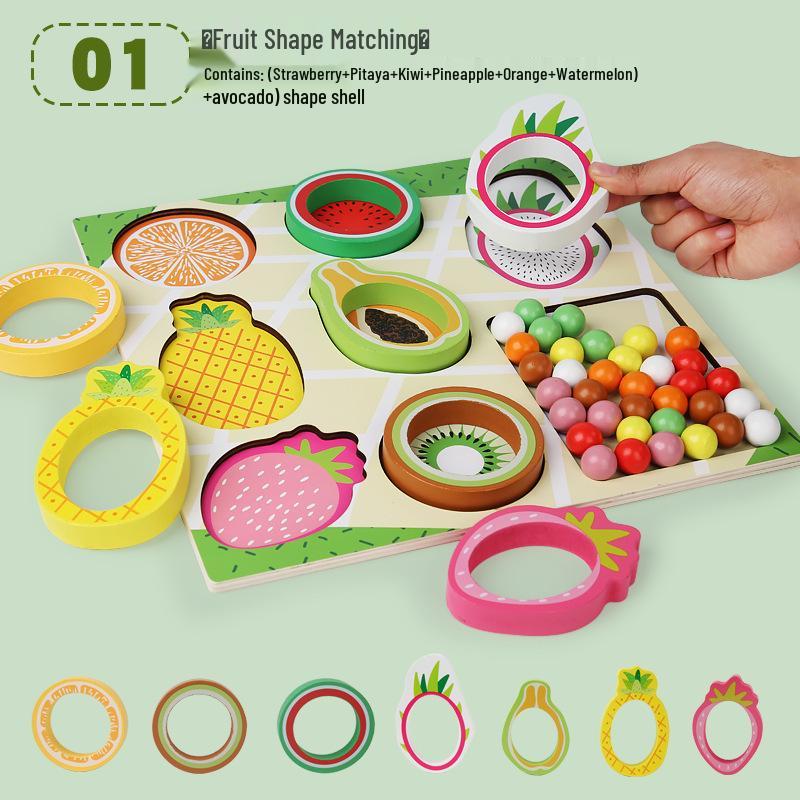 Wooden Toddler Educational Toy: Fruit Color & Shape Sorting with Clip Beads for Parent-Child Interaction