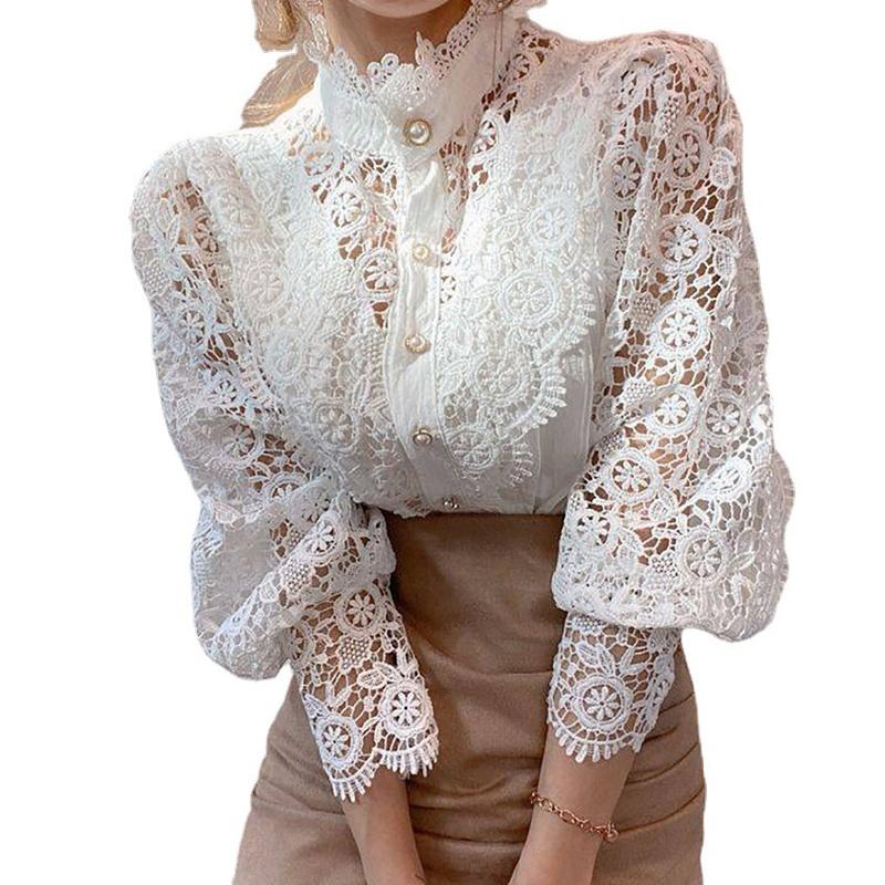 Women's Floral Lace Blouse Stand Collar Long Sleeve Hollow Out Button Detail Elegant Top