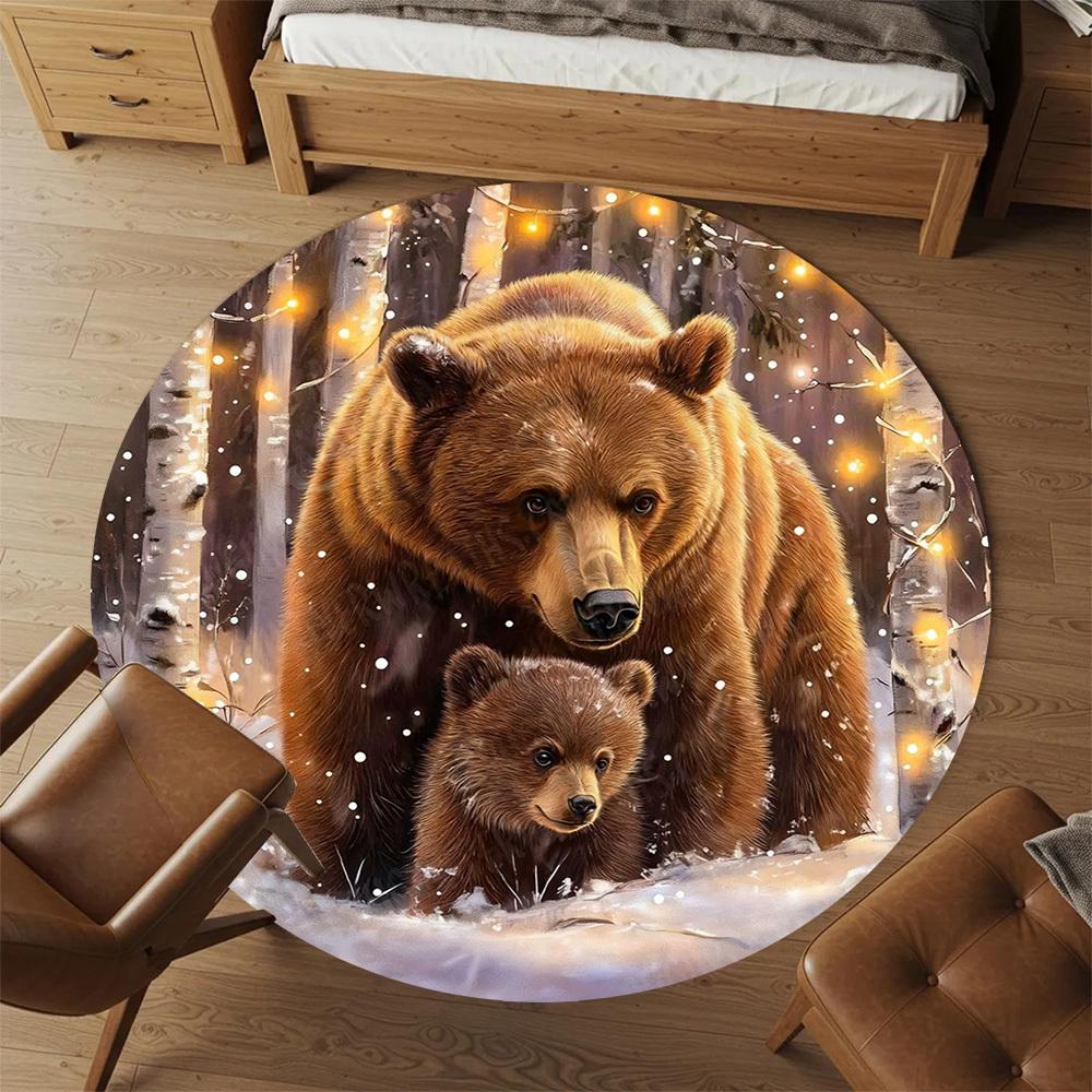 1PC Bear Cub Winter Office Round Area Rug, Under Office Chairs Bedroom Living Room Home Decor,Carpet for Office, -1110193