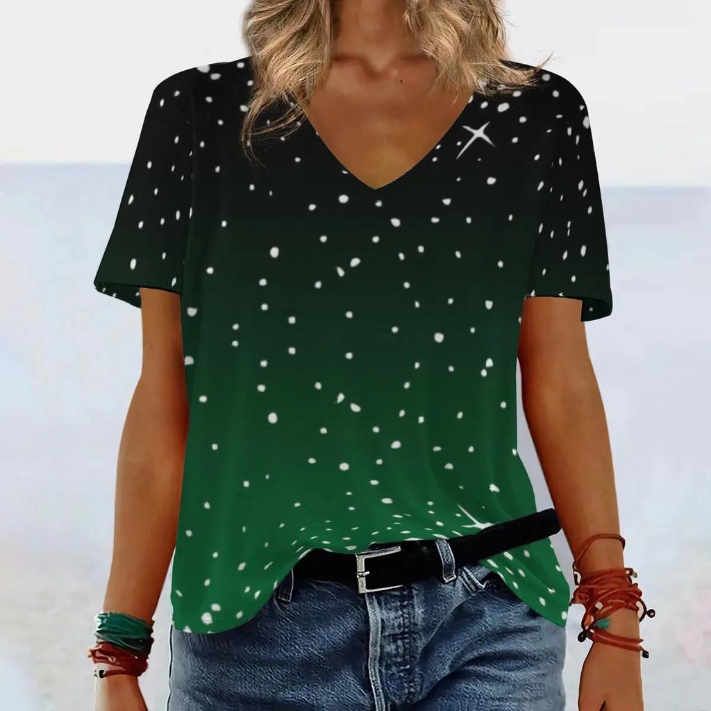 Summer V-neck 3D Gradient Printed Top Fashionable Casual Short Sleeved Women's T-shirts