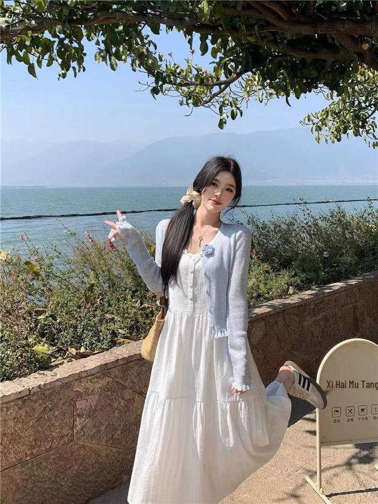 2026 French Summer White Dress & Spaghetti Strap with Knit Sun Protection Cardigan Set
