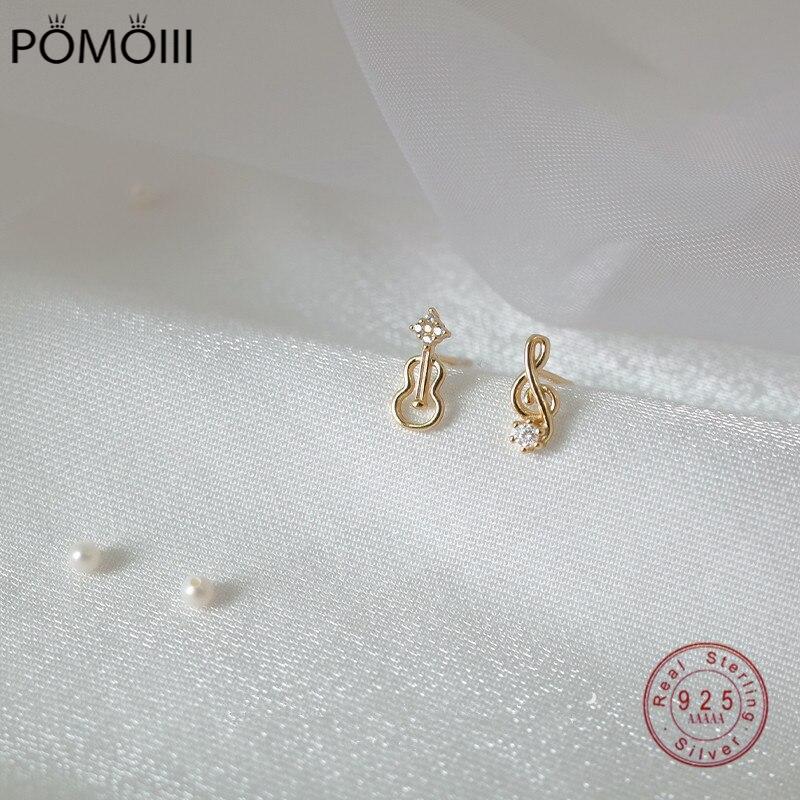 925 Sterling Silver Plated 14K Gold Crystal Asymmetry of Notes Stud Earrings Women Exquisite Everyday All-match Jewelry