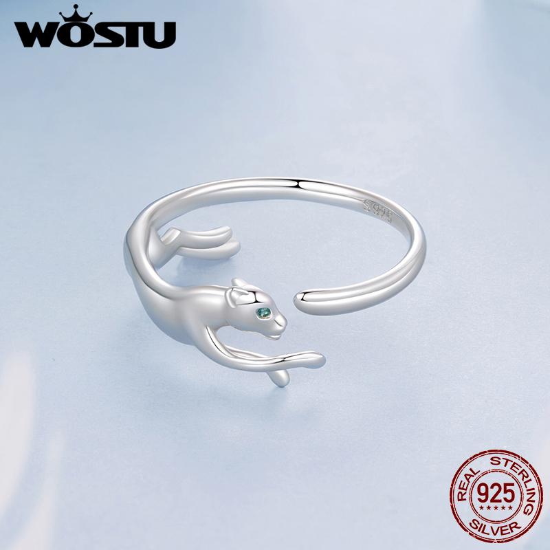 WOSTU S925 Silver Panther Leopard Ring for Women Elegant Big Cat Animal Adjustable Rings With Green Crystal Eyes Statement Gift