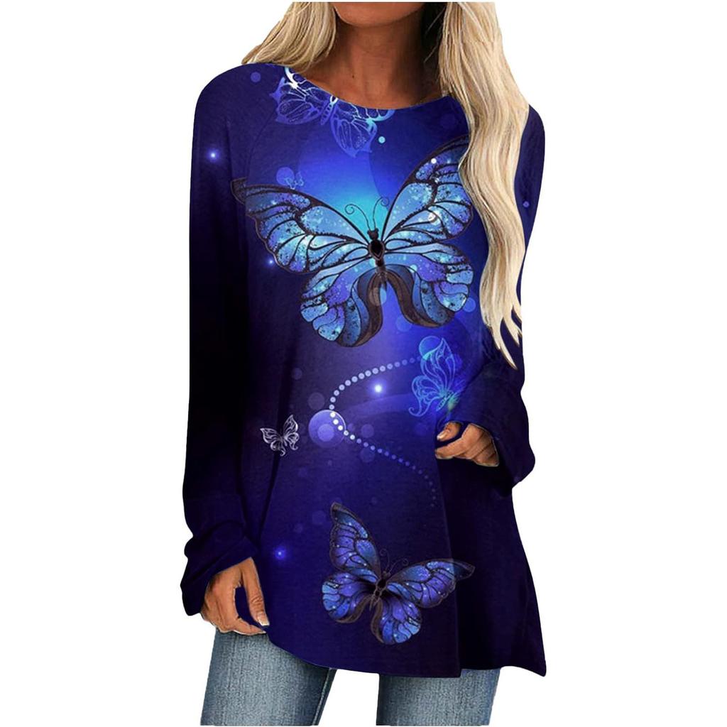 Spring and Autumn Round Neck 3D Butterfly Pattern Printed Top Fashionable Casual Long Sleeved Women's T-shirts