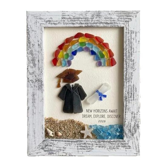 

Морское Стекло Выпускной Арт Класс 2026 Сувенир Подарок Ручная Работа Настенное Искусство из Морского Стекла Рамка Декор с Радугой Подарок для Выпускника Школы Колледжа A