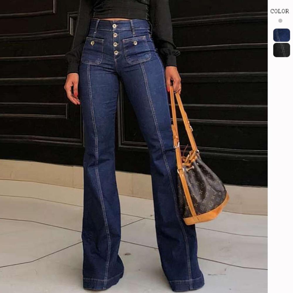 Spring and Summer Retro High Waist Denim Slim Bell Bottoms for Women