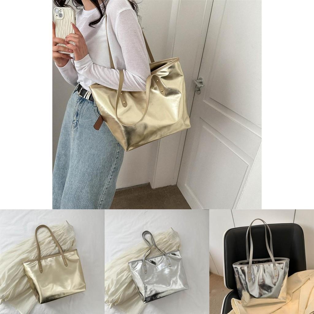 Chic Large Capacity Tote Bag Stylish Minimalist Design For Women In Gold And Silver Colors
