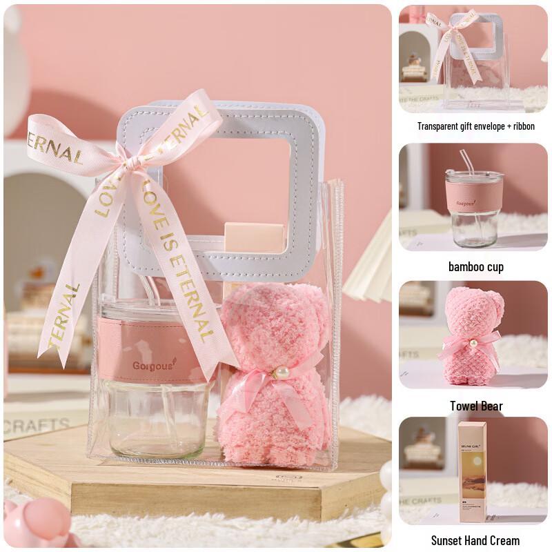 Glass Cup Gift Set with Towel Bear and Hand Cream